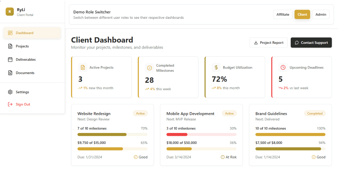RyLi Business Group client dashboard interface